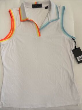 G/FORE White Sleeveless Polo Tank with Neon Orange, Yellow and Aqua Trim